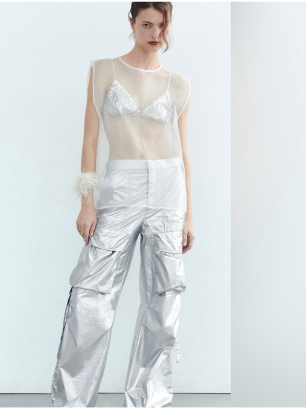 Zara White Sheer organza Sleeveless Top